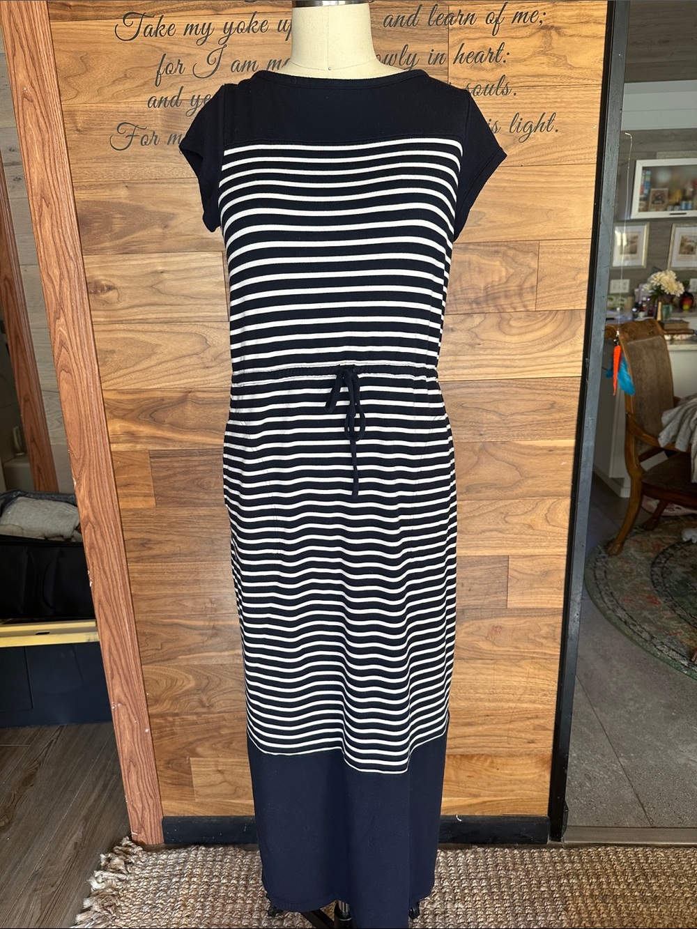 Talbots Navy and White Striped Drawstring Maxi Dress